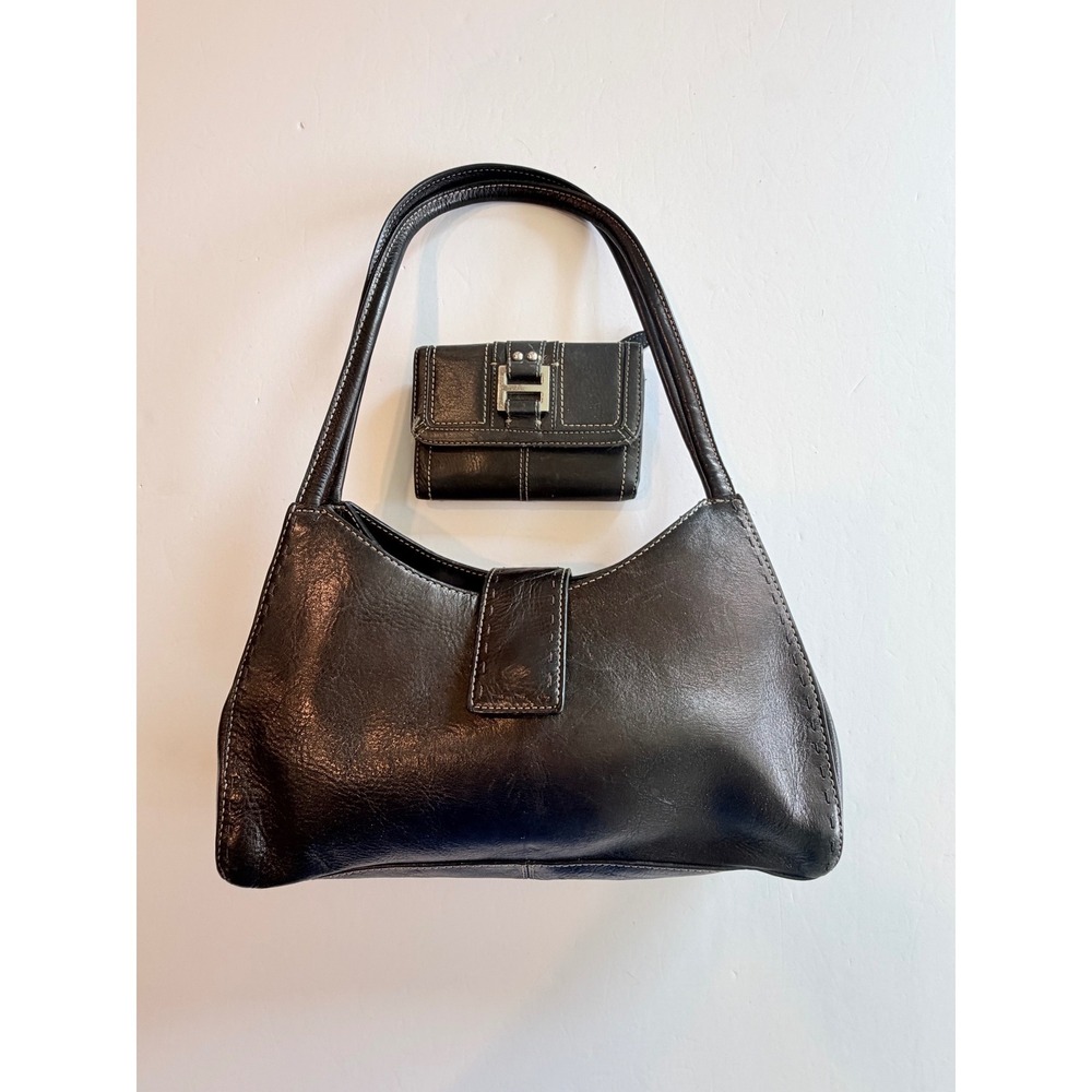 Fossil Black Leather Shoulder Bag and Matching Trifold Wallet Set Vintage Style